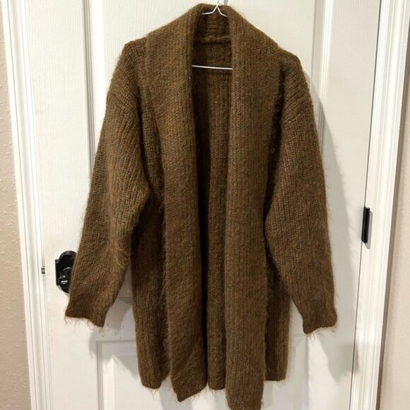 Chunky Brown Multicolor Mohair Cabin Cozy Cardigan Sweater Sz L - Picture 1 of 5